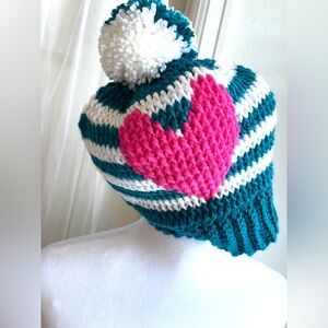 Handmade Crochet Teal and White Heart Beanie